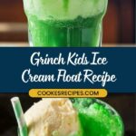 A tall glass of Grinch-themed drink featuring a green ice cream float, crowned with a scoop of vanilla and completed with a green-striped straw. Text reads Grinch Kids Ice Cream Float Recipe with a link to jessicasrecipes.com.