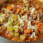 A close-up of a pot filled with homemade cabbage soup, featuring chopped cabbage, carrots, celery, ground beef, and a rich tomato-based broth. The ingredients are colorful and visibly cooked, creating a warm, nourishing dish that's both easy and delightful to make.