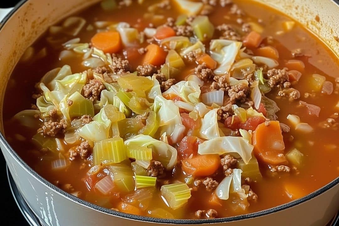 A close-up of a pot filled with homemade cabbage soup, featuring chopped cabbage, carrots, celery, ground beef, and a rich tomato-based broth. The ingredients are colorful and visibly cooked, creating a warm, nourishing dish that's both easy and delightful to make.