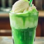 A tall glass filled with a Grinch-themed drink and a scoop of vanilla ice cream on top. A striped straw is inserted into the holiday ice cream float. The background is blurry, suggesting a kitchen setting.