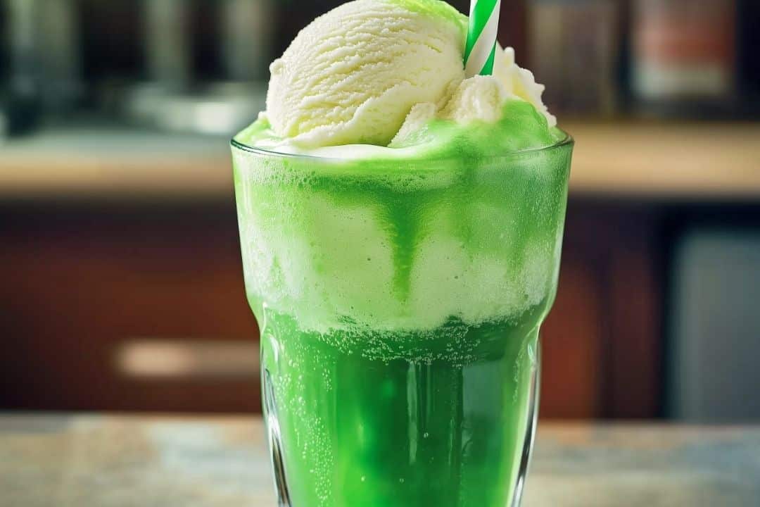 A tall glass filled with a Grinch-themed drink and a scoop of vanilla ice cream on top. A striped straw is inserted into the holiday ice cream float. The background is blurry, suggesting a kitchen setting.