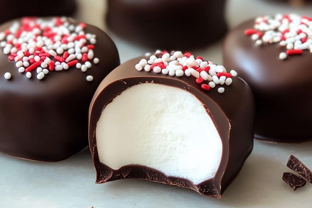 Close-up of chocolate-coated marshmallow treats topped with festive white and red sprinkles. One treat is halved, revealing the fluffy center reminiscent of Homemade Peppermint Patties.