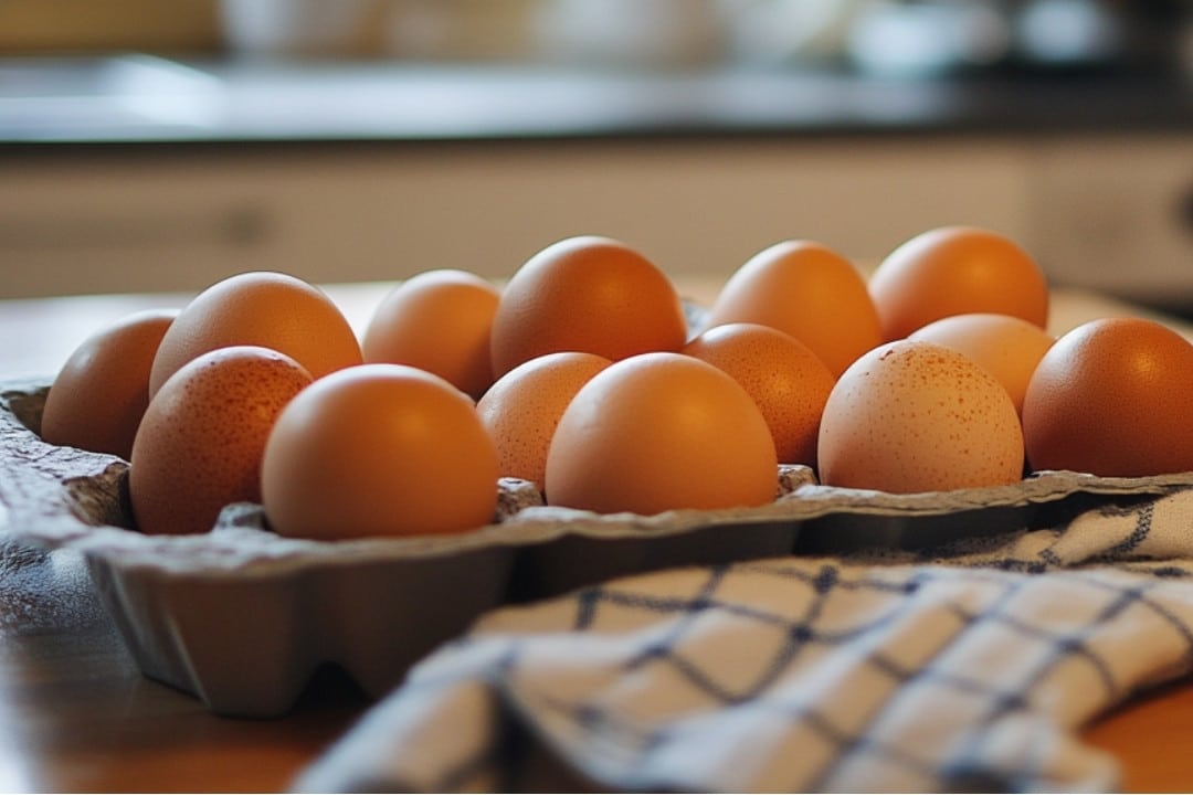 A dozen brown, room-temperature eggs rest in a gray carton on a wooden table, accompanied by a blue and white checkered cloth. The softly blurred kitchen setting in the background hints at their readiness for baking.