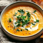 A bowl of creamy, spicy butternut squash and sweet potato soup garnished with a swirl of cream, fresh parsley, and black pepper. The soup is set on a rustic wooden table surrounded by a cozy knitted scarf and autumn leaves, creating a warm, seasonal atmosphere.