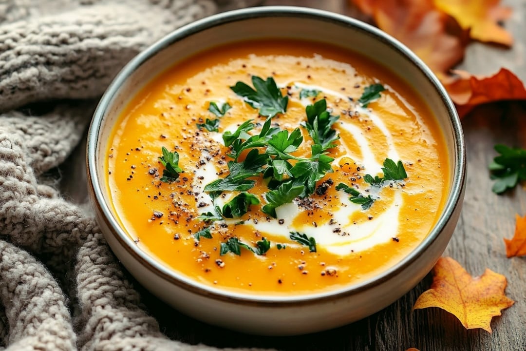 A bowl of creamy, spicy butternut squash and sweet potato soup garnished with a swirl of cream, fresh parsley, and black pepper. The soup is set on a rustic wooden table surrounded by a cozy knitted scarf and autumn leaves, creating a warm, seasonal atmosphere.