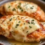 This melt-in-your-mouth chicken recipe features two tender stuffed chicken breasts topped with melted cheese and garnished with chopped parsley, all elegantly served in a light sauce on a gray plate.