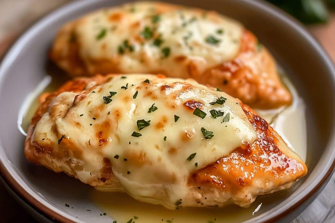 This melt-in-your-mouth chicken recipe features two tender stuffed chicken breasts topped with melted cheese and garnished with chopped parsley, all elegantly served in a light sauce on a gray plate.