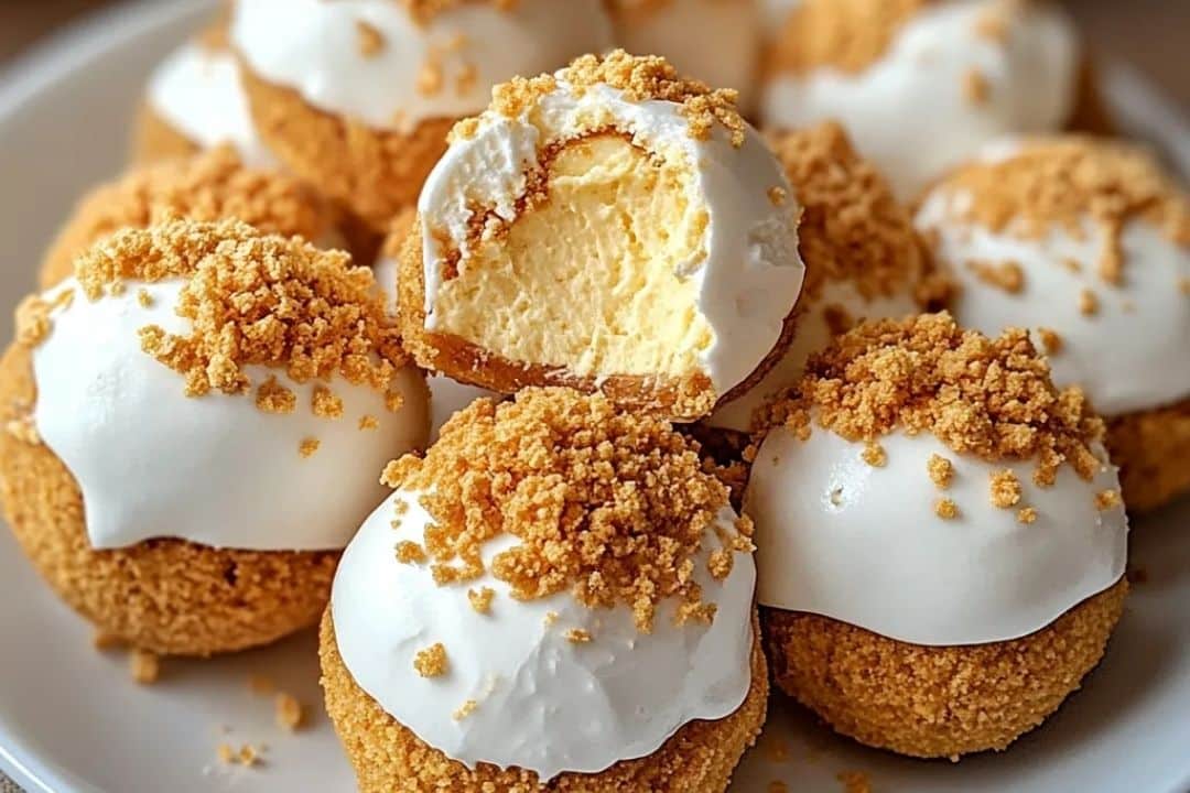 A plate of round, no-bake pumpkin cheesecake balls topped with white icing and crumbled biscuit topping. One treat has a bite taken out, revealing a creamy yellow filling inside.