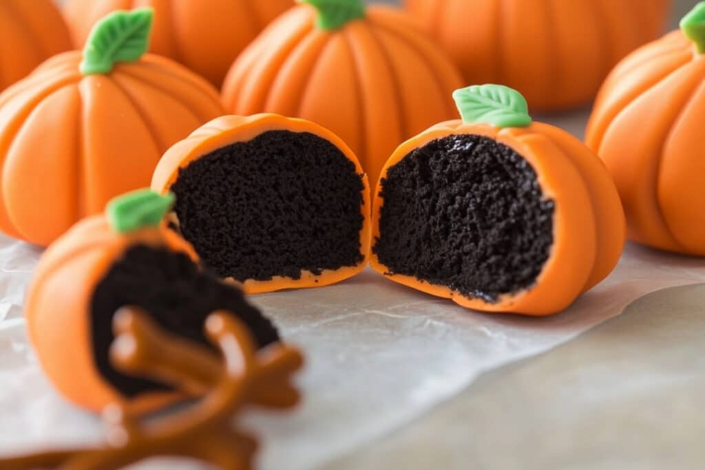 Miniature pumpkin-shaped cakes with orange icing and green leaves are displayed on parchment paper. These Halloween pumpkin treats reveal a dark chocolate sponge inside, resembling pumpkins. Brown candy sticks are artfully arranged in the foreground, adding rustic charm.