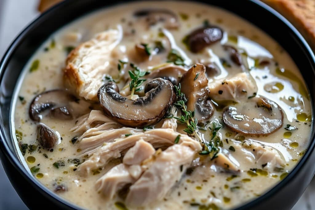 A close-up of an easy, creamy chicken and mushroom soup garnished with fresh thyme, served in a black bowl. This quick dish features sliced mushrooms, shredded rotisserie chicken, and herbs, creating a comforting and savory delight.