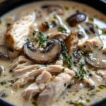 A close-up of an easy, creamy chicken and mushroom soup garnished with fresh thyme, served in a black bowl. This quick dish features sliced mushrooms, shredded rotisserie chicken, and herbs, creating a comforting and savory delight.