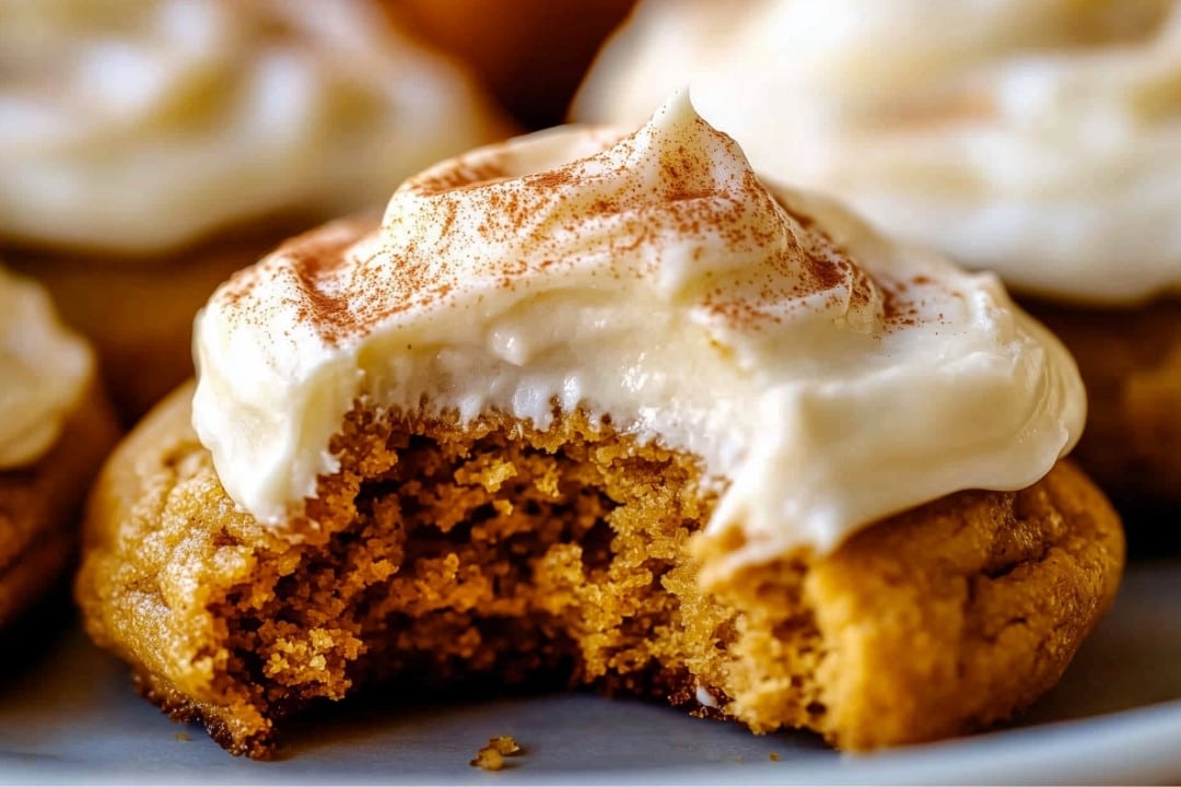 A close-up of an easy pumpkin cookie with cream cheese frosting, partially bitten to reveal the soft, moist interior. Topped with a sprinkle of cinnamon and surrounded by other frosted delights on a plate, this fall pumpkin cookie recipe is perfect for the season.