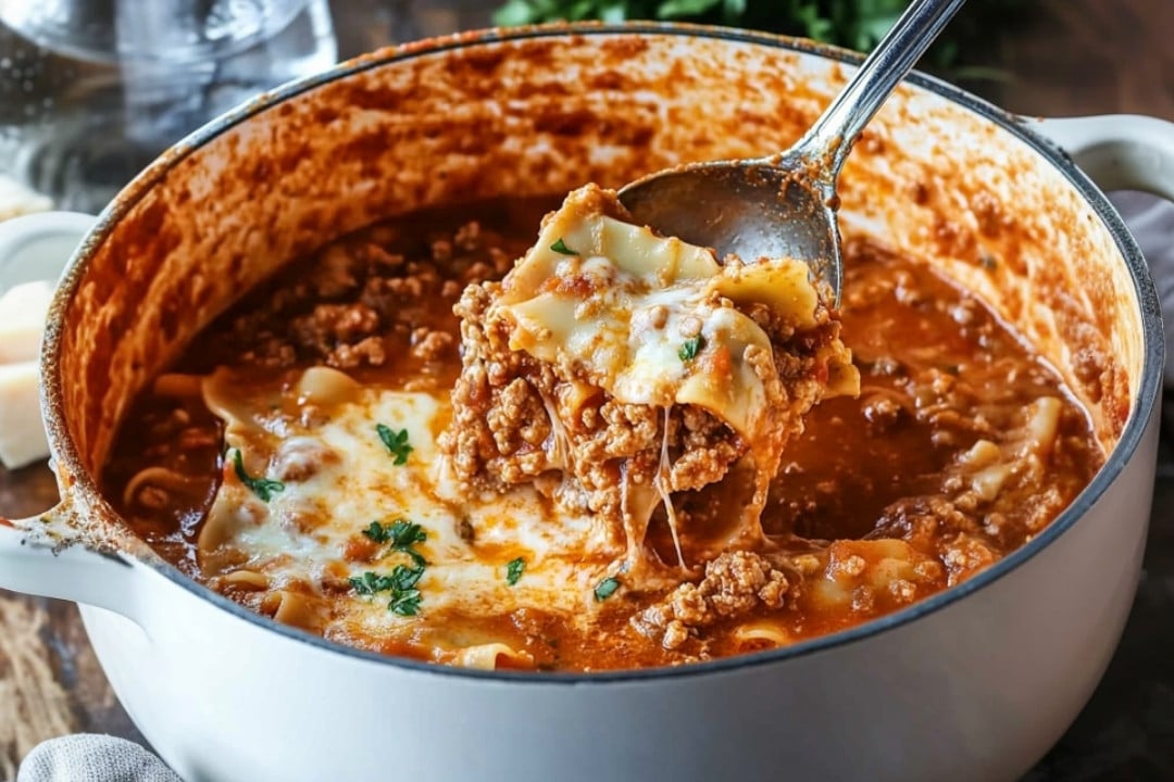 A close-up of a pot filled with creamy lasagna soup, rich and cheesy. A spoon lifts a portion, showcasing melted cheese, ground meat, and pasta. The dish is garnished with fresh herbs and sits on a rustic wooden table.