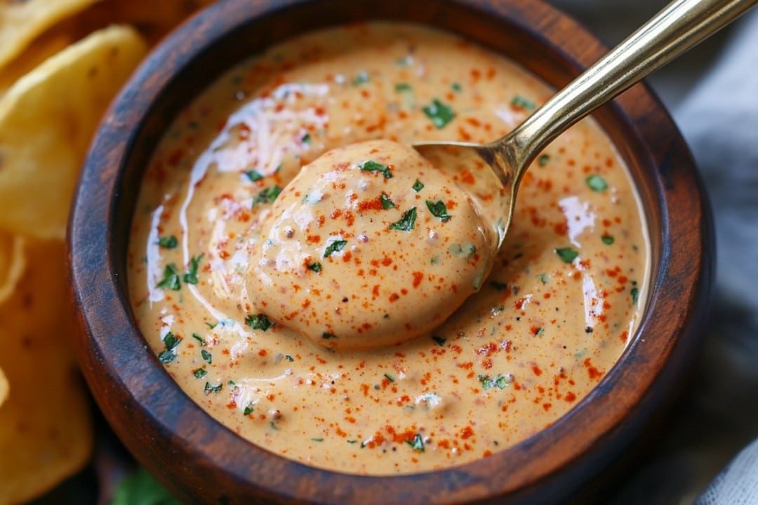 A wooden bowl filled with creamy, orange-colored queso dip garnished with red chili powder and chopped herbs. A hint of remoulade sauce for seafood flavor lingers as a spoon dips in, and tortilla chips are partially visible in the background.