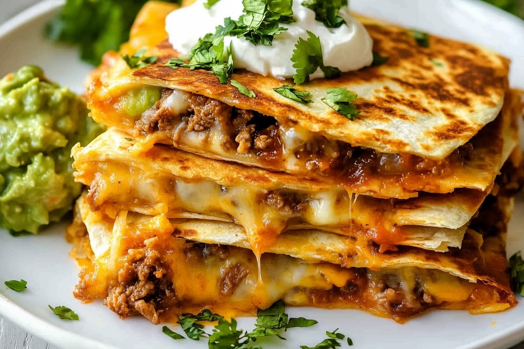 A stack of cheesy beef quesadillas, reminiscent of an easy cheeseburger quesadilla recipe, garnished with fresh cilantro and topped with a dollop of sour cream. Served with creamy guacamole on the side.