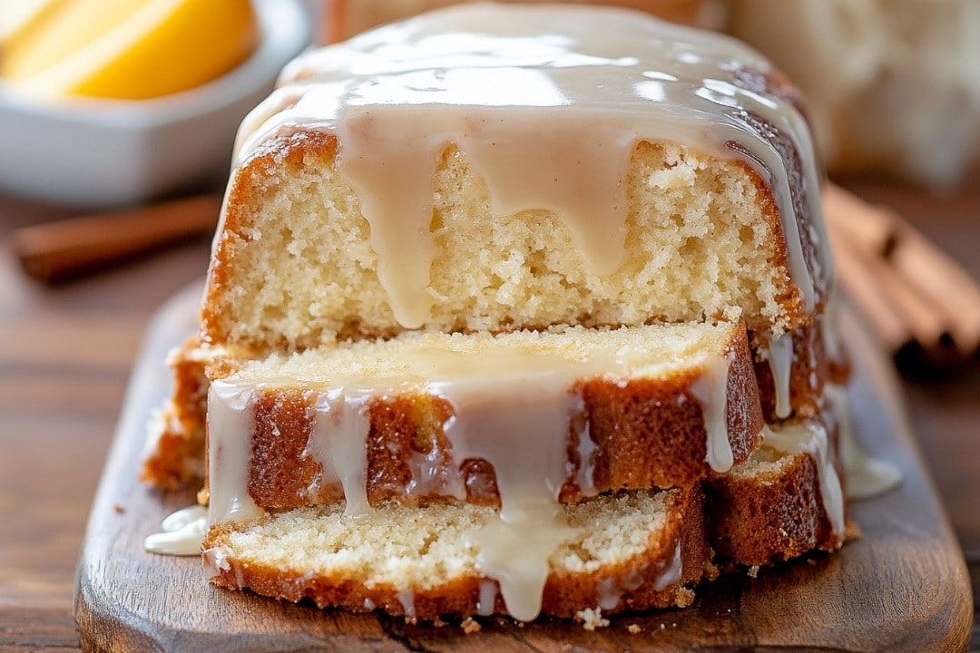 A moist spiced eggnog bread topped with a glossy glaze is sliced and displayed on a wooden board. In the background are cinnamon sticks and a bowl of fruit, adding cozy and fresh elements to this festive presentation.