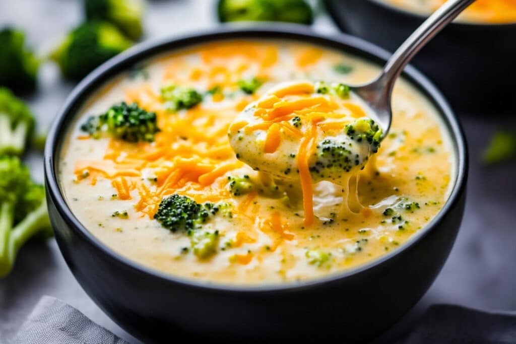 A black bowl filled with homemade broccoli cheese soup, garnished with shredded cheddar and broccoli florets. A spoon, holding a portion of the creamy soup, rests above the bowl. More broccoli and another bowl are in the blurred background.