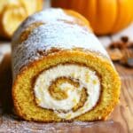 An easy pumpkin roll cake with a spiral of cream cheese filling is dusted with powdered sugar and placed on a wooden cutting board. A fork is nearby, and a pumpkin graces the background, showcasing this delightful homemade pumpkin roll recipe.