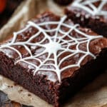 A chocolate brownie decorated with a white spiderweb design sits on parchment paper, making it the perfect easy Halloween dessert. The rich, moist brownie has a glossy top that showcases its intricate icing pattern, with a tiny black spider decoration completing this fun Halloween brownies recipe.