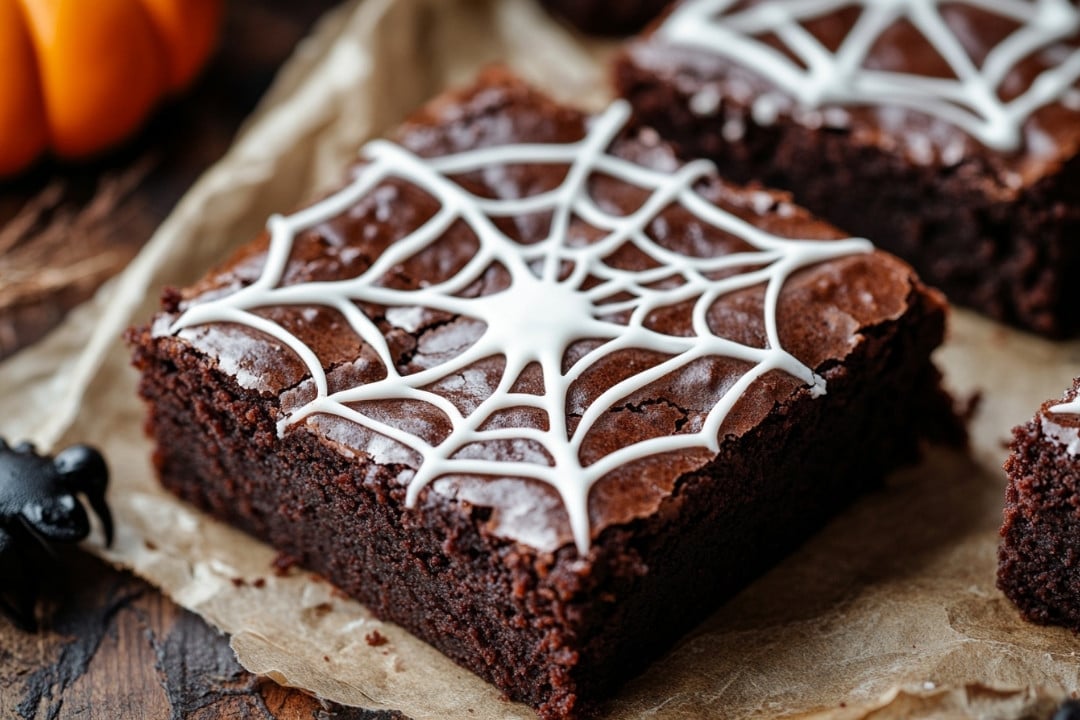 A chocolate brownie decorated with a white spiderweb design sits on parchment paper, making it the perfect easy Halloween dessert. The rich, moist brownie has a glossy top that showcases its intricate icing pattern, with a tiny black spider decoration completing this fun Halloween brownies recipe.