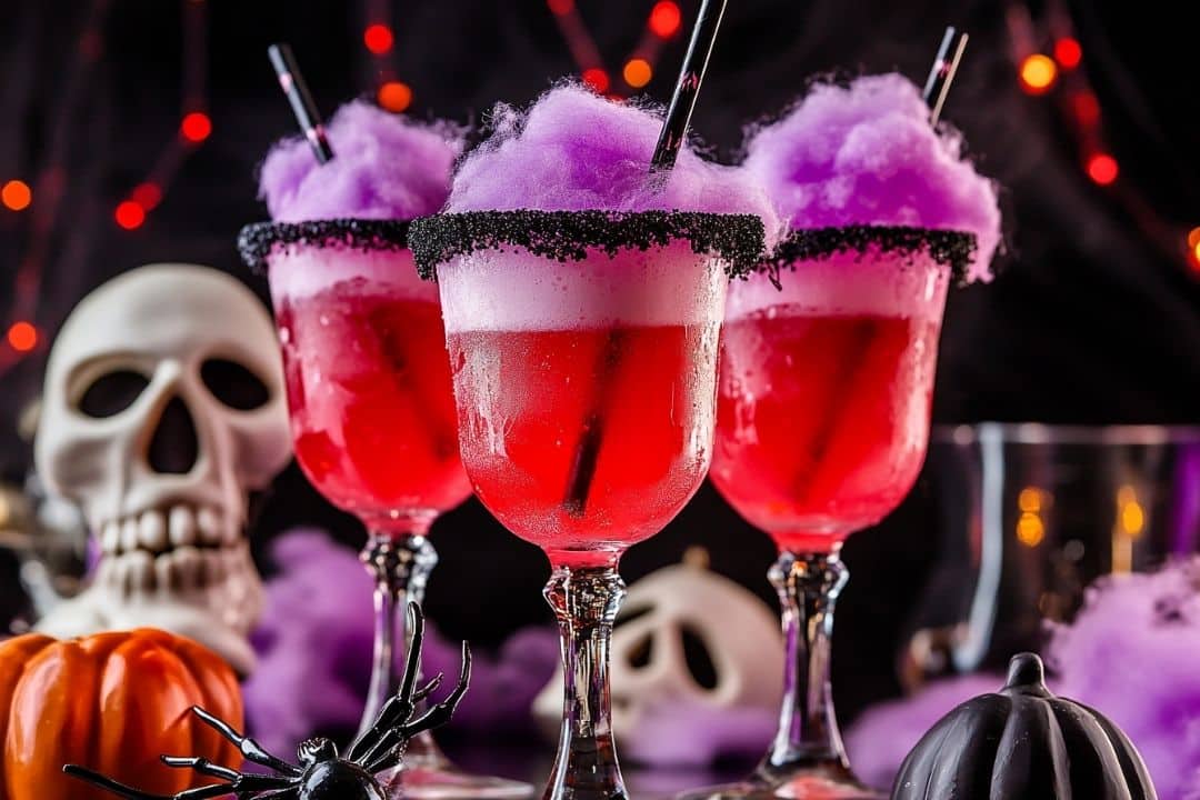 Three Halloween-themed cocktails, reminiscent of a Vampire Blood Halloween Drink, showcase vibrant red liquid and fluffy purple cotton candy on top. Served in glasses with black sugar rims, they're surrounded by skulls, a pumpkin, and a spider against glowing orange lights—perfect for your spooky Halloween party.