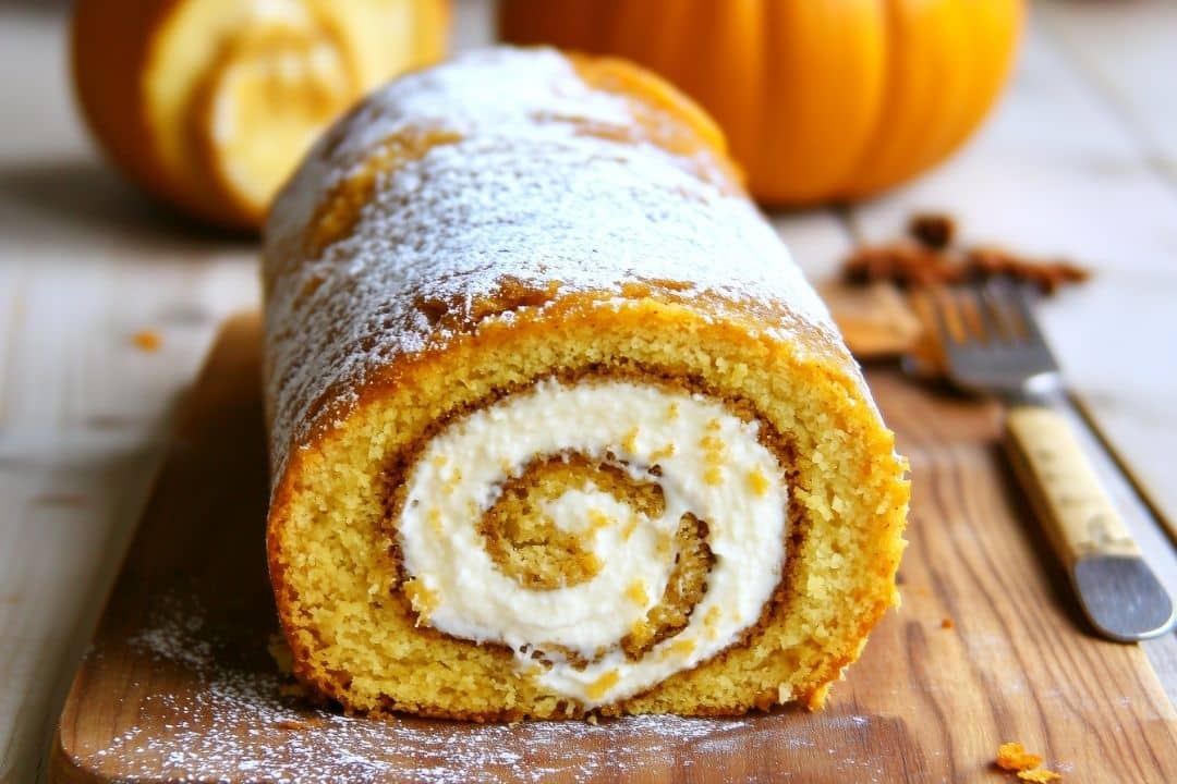 An easy pumpkin roll cake with a spiral of cream cheese filling is dusted with powdered sugar and placed on a wooden cutting board. A fork is nearby, and a pumpkin graces the background, showcasing this delightful homemade pumpkin roll recipe.