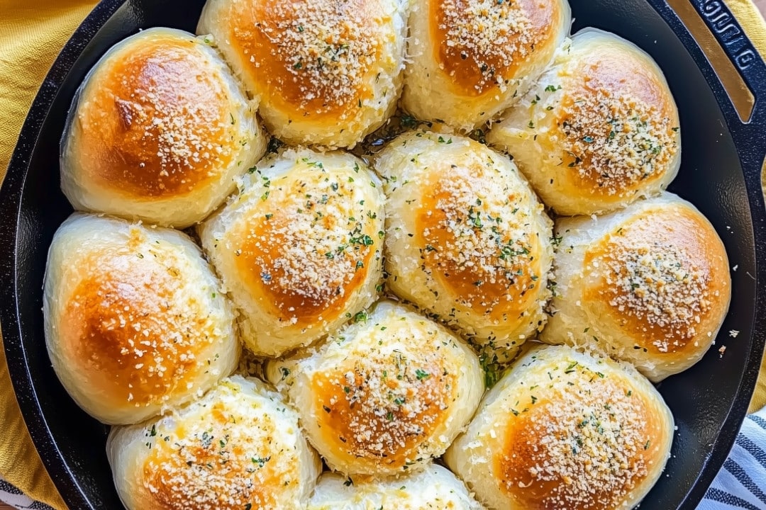 A black pan filled with freshly baked golden-brown dinner rolls, reminiscent of cheesy Buffalo chicken bombs, is topped with garlic, herbs, and grated cheese. The rolls are arranged in a circular pattern, creating an appetizing, rustic presentation.