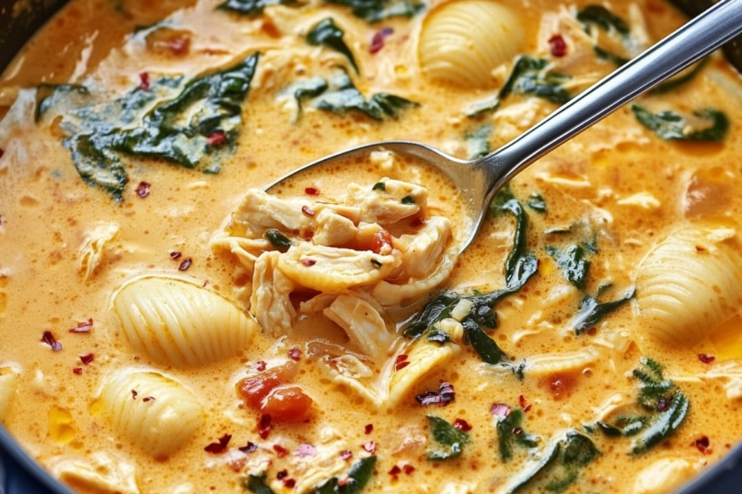 A close-up of a creamy chicken soup with pasta featuring shell pasta, shredded chicken, and fresh spinach, garnished with red pepper flakes. A spoon is lifting a portion, showcasing the hearty ingredients in a rich broth reminiscent of a Marry Me Chicken Soup recipe.