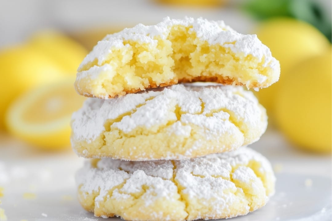 Three chewy lemon cookies are stacked, with the top one broken in half to reveal a soft interior. The easy lemon crinkle cookies are coated in powdered sugar, and fresh lemons are blurred in the background.