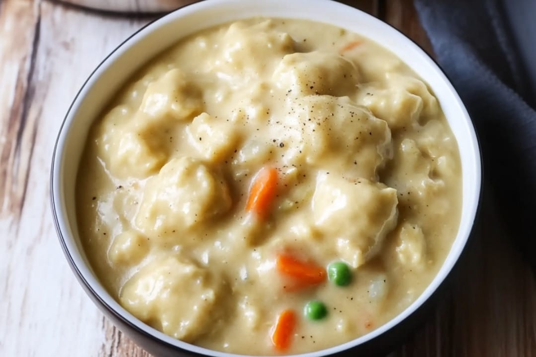 A bowl of easy, creamy chicken and dumplings soup, featuring fluffy dumplings, diced carrots, and green peas, topped with a sprinkle of black pepper for a comforting one-pot meal.