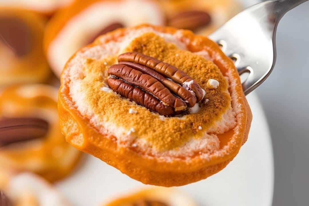 A fork holds a sweet potato slice topped with toasted marshmallow, brown sugar, and a pecan. Other similar sweet potato bites with marshmallows are blurred in the background on a white plate—a perfect holiday sweet potato side dish.