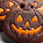 Chocolate cookies shaped like pumpkins with orange jack-o-lantern faces, featuring triangle eyes and a carved smile. These delightful pumpkin-shaped treats are closely arranged on a light surface, perfect for any festive occasion.