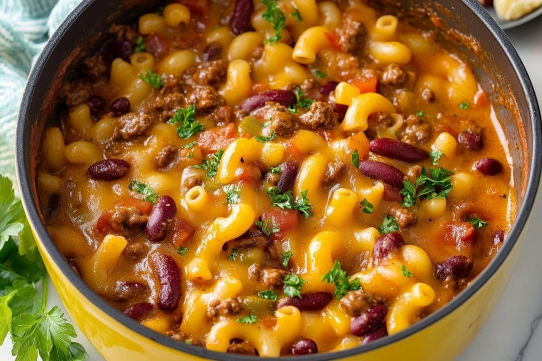 A pot filled with homemade chili mac, blending cheesy macaroni pasta with ground beef, kidney beans, and tomatoes, garnished with fresh parsley. The hearty dish is flavorful and comforting, crowned with a golden cheese topping.