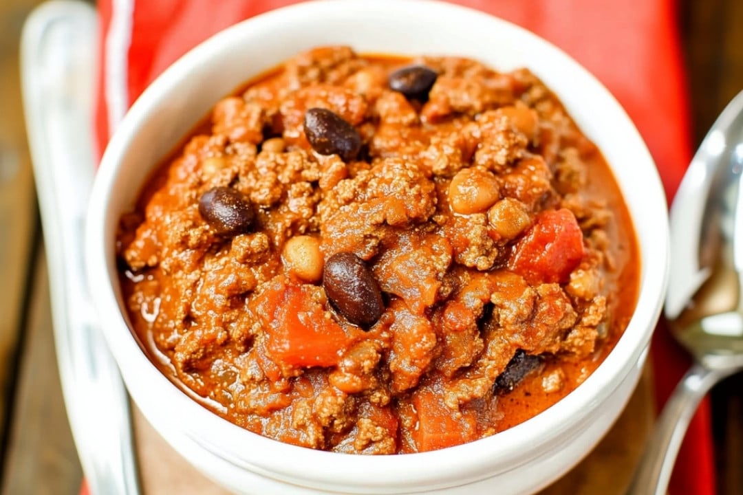 A bowl of hearty pumpkin chili with ground beef, kidney beans, and red bell peppers in a rich tomato sauce. A silver spoon is placed on the right, and a red cloth napkin is partially visible in the background. Perfect for anyone searching for an easy pumpkin chili recipe.