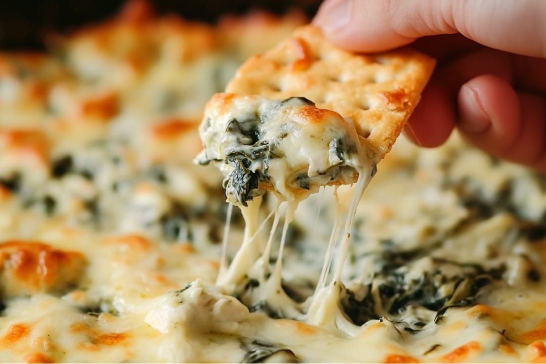 A hand dips a cracker into a creamy spinach and artichoke dip, with melted cheese stretching from the dish. The best spinach artichoke dip recipe delivers a delightful mix of visible spinach and artichokes under a golden-brown, bubbly top.