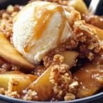 A bowl of apple crisp with oats, topped with a scoop of vanilla ice cream and drizzled with caramel sauce. The best apple crisp recipe features tender apple slices, crumbly oat topping, and melted ice cream creating a luscious, inviting appearance.