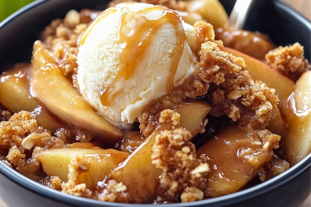 A bowl of apple crisp with oats, topped with a scoop of vanilla ice cream and drizzled with caramel sauce. The best apple crisp recipe features tender apple slices, crumbly oat topping, and melted ice cream creating a luscious, inviting appearance.