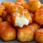 Close-up of crispy, golden-brown fried mozzarella bites piled on a plate. One piece is broken open, revealing melty cheese oozing out, highlighting the deliciously gooey interior—a perfect homemade fried cheese snack.