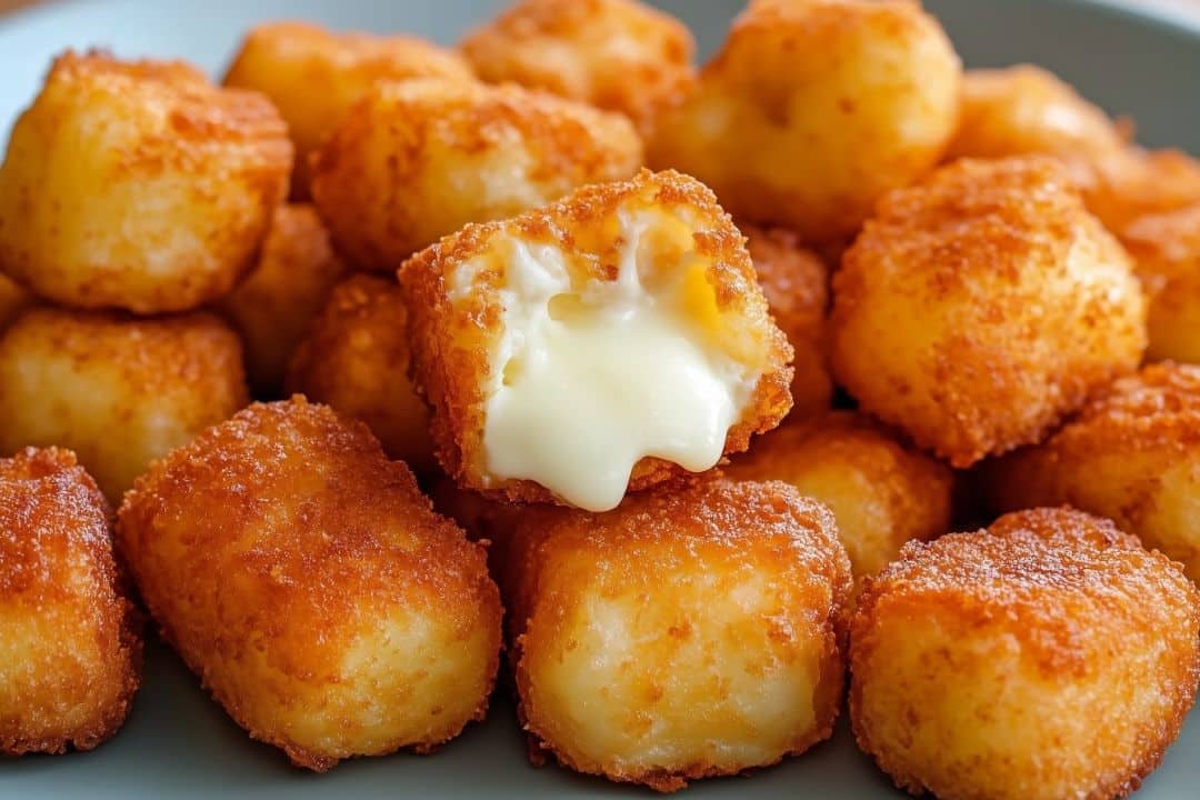 Close-up of crispy, golden-brown fried mozzarella bites piled on a plate. One piece is broken open, revealing melty cheese oozing out, highlighting the deliciously gooey interior—a perfect homemade fried cheese snack.