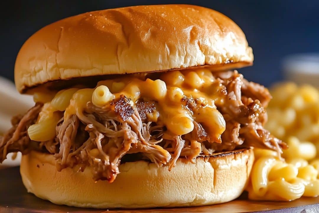 A root beer pulled pork sandwich topped with creamy macaroni and cheese, layered between a golden toasted bun. The sandwich sits on a wooden surface, with blurred macaroni in the background.