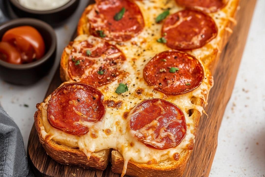 A close-up of a rectangular air fryer pizza toast with melted cheese and pepperoni slices on a wooden cutting board. The crust is thick and golden brown, sprinkled with herbs and black pepper. Bowls of dipping sauces are in the background.