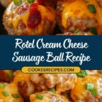 Close-up of creamy sausage balls with Rotel, topped with melted cheese and garnished with chopped green onions. The text reads Rotel Cream Cheese Sausage Ball Recipe from jessicasrecipes.com.