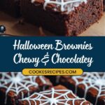 A close-up of spooky chocolate brownies adorned with white spider web icing. The image features text: Halloween Brownies, Chewy & Chocolatey, jessicasrecipes.com. Small decorative pumpkins and berries enhance the Halloween vibe in the background.