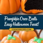 Orange pumpkin-shaped Oreo cream cheese balls with green stems sit on a table. One is bitten, revealing a dark interior. Text reads Pumpkin Oreo Balls Easy Halloween Treat! Perfect for those seeking candy-coated delights this spooky season.