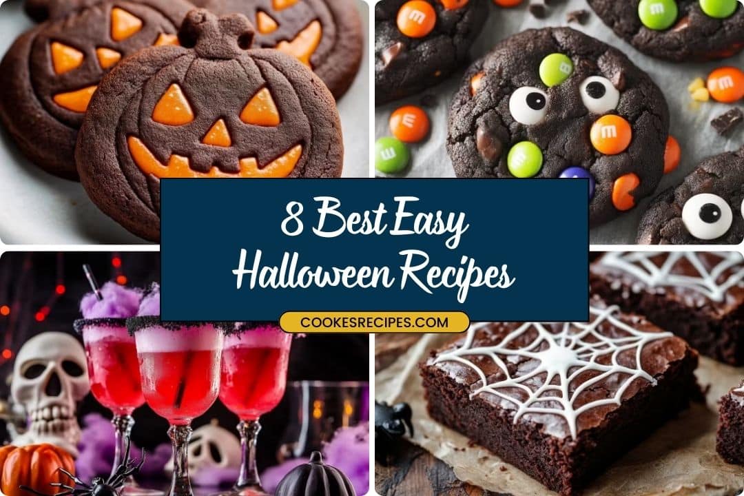 A collage of Halloween treats: chocolate jack-o-lantern cookies, monster cookies with candy eyes, spooky drinks adorned with skull decor, and brownies drizzled with web icing. Text reads Best Halloween Recipes: 8 Easy Ideas with a website link.