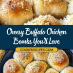 Close-up of cheesy Buffalo chicken bombs in a skillet, topped with herbs and cheese. A banner reads, Cheesy Buffalo Chicken Bombs Youll Love with jessicasrecipes.com below it. These stuffed Buffalo chicken biscuits are golden brown and sprinkled with seasonings.