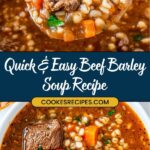 A hearty bowl of homemade beef barley soup with chunks of beef, carrots, barley, and fresh herbs. A spoonful of the soup is shown above the bowl. Text overlay reads, Quick & Easy Beef Barley Soup Recipe - jessicasrecipes.com.