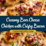 Close-up of creamy beer cheese chicken topped with crispy bacon and chives. The golden-brown chicken is smothered in a thick, rich sauce. A banner displays Creamy Beer Cheese Chicken with Crispy Bacon Recipe - jessicasrecipes.com.