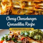 A close-up of cheesy cheeseburger quesadillas stacked with gooey cheese and beef, topped with sour cream and cilantro. The banner proudly displays Cheeseburger Quesadillas Recipe from JessicasRecipes.com. Perfect for those craving a flavorful twist on a classic cheesy quesadilla recipe.