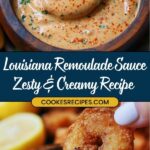 A bowl of Louisiana remoulade sauce garnished with herbs and spices, with a spoon scooping some out. Below, a hand dips a breaded shrimp into the sauce. Text overlay reads: Easy Creole Remoulade Sauce for Seafood - Zesty & Creamy Recipe at jessicasrecipes.com.